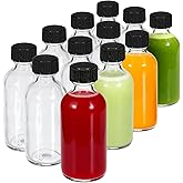 JohnBee 12-Pack 2 oz (60ml) Small Glass Boston Round Bottles with Lids - Leak-Proof Mini Travel Containers for Ginger Shots, Juice, Whiskey, Samples | W/Labels, Funnels & Brushes