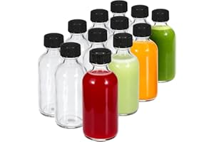 JohnBee 12-Pack 2 oz (60ml) Small Glass Boston Round Bottles with Lids - Leak-Proof Mini Travel Containers for Ginger Shots, Juice, Whiskey, Samples | W/Labels, Funnels & Brushes