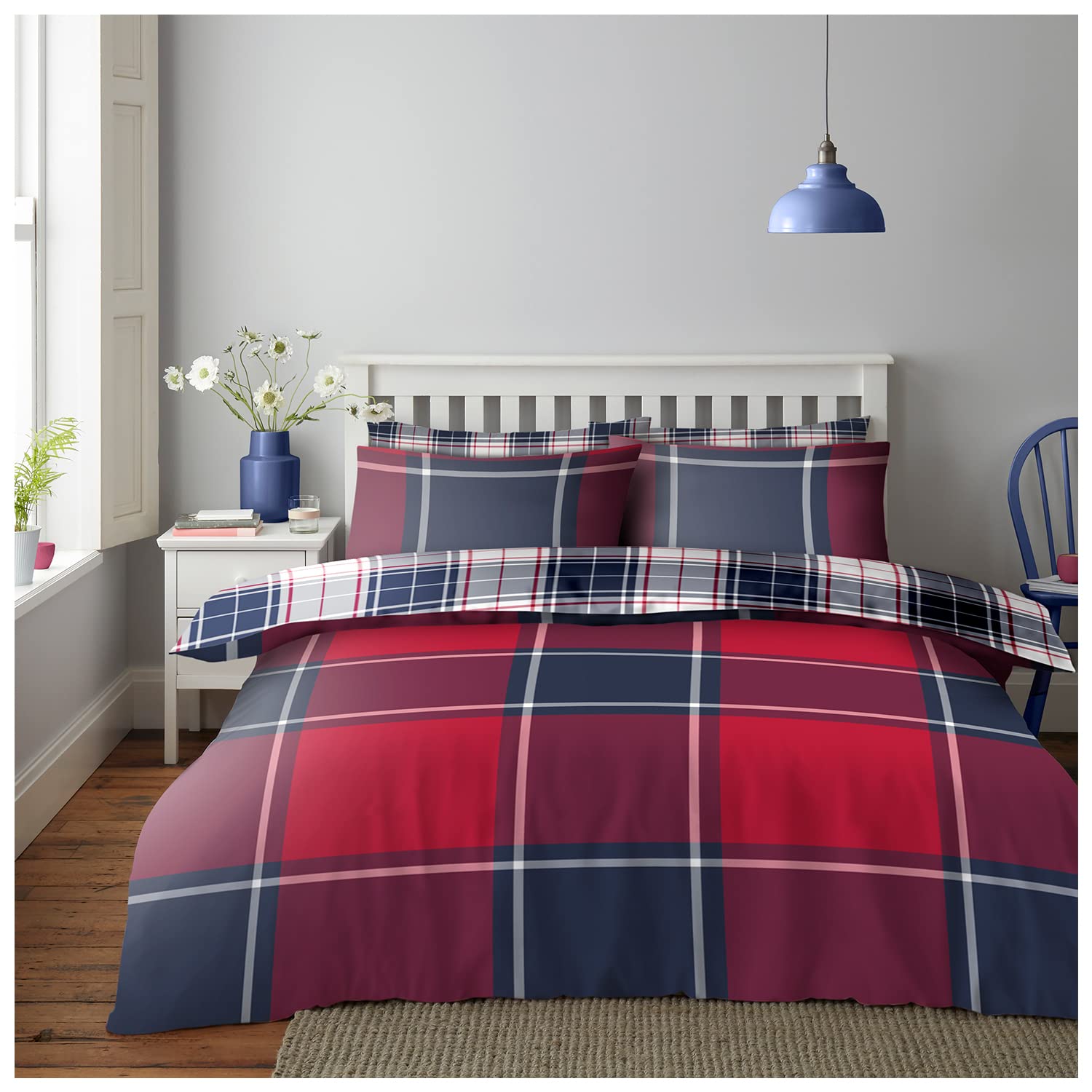 GC GAVENO CAVAILIA Reversible Check Duvet Cover King Size, Tartan Quilt Covers, Checkered Bedding & Polycotton Linen Set, Red — image 1