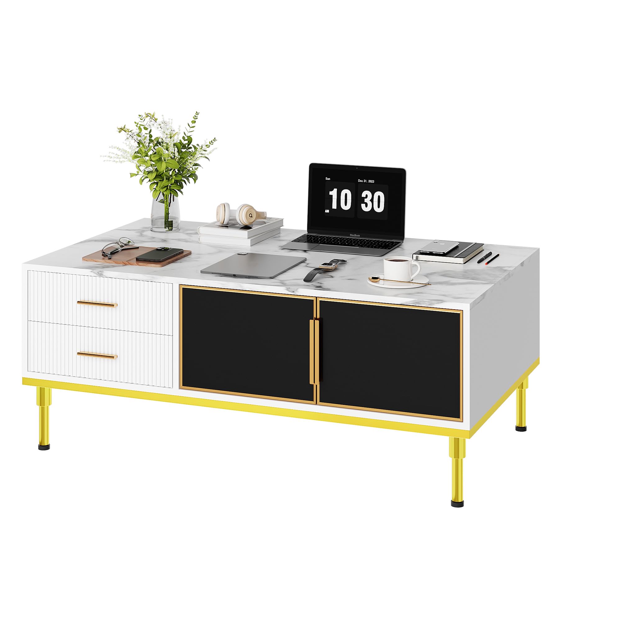 Photo 1 of ***PARTS ONLY***
GAOMON Coffee Table for Living Room, Faux Marble Coffee Table with 4 Drawers and Glass Doors Storage, Modern Aesthetic Fluted Panel Design, White & Gold