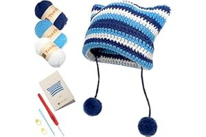 Yeezhee Crochet Kit for Beginners, Crochet Hat Starter Kit with Step-by-Step Video Tutorials, Cat Beanie Knitting Kit Including Yarn, Crochet Hooks (Linckia)