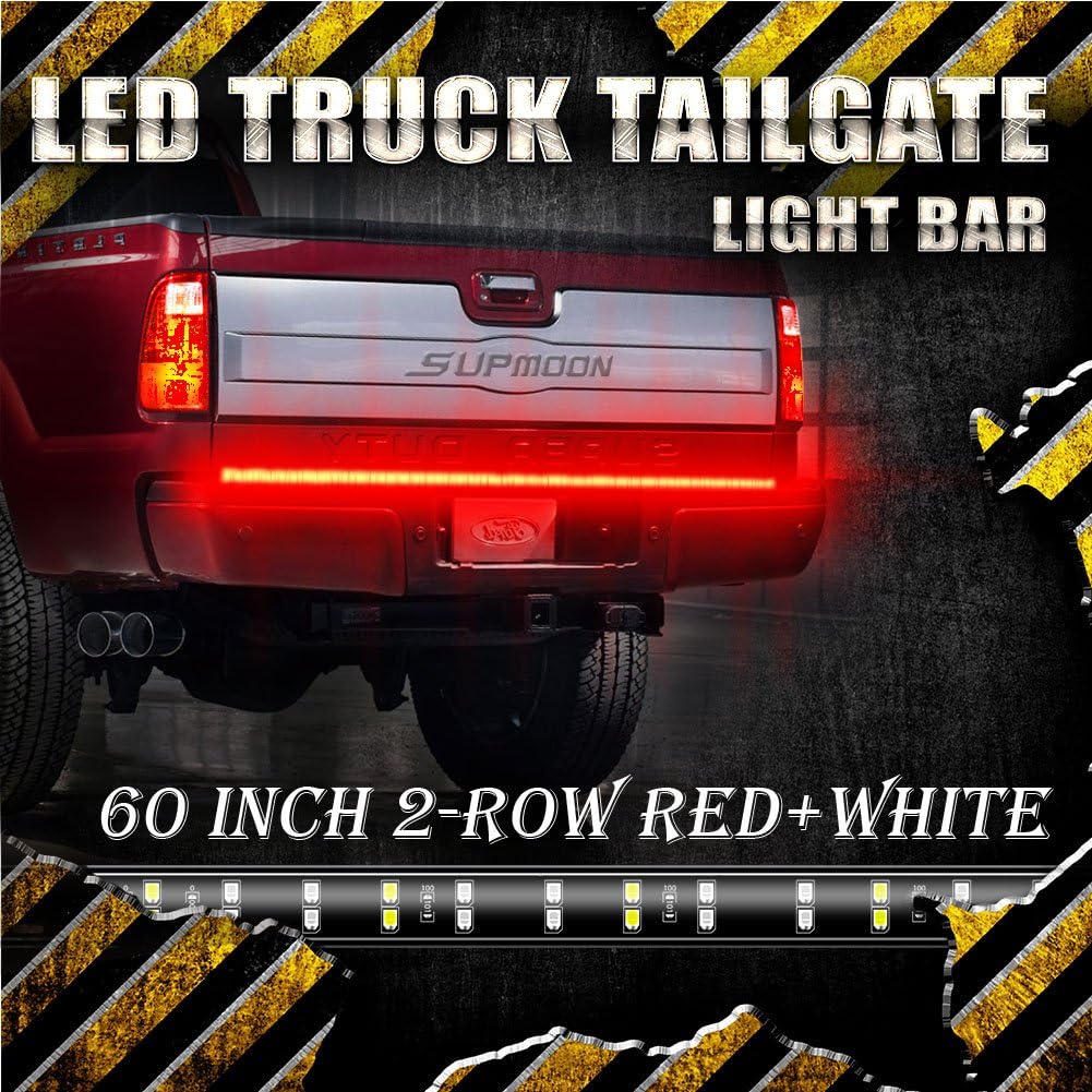 [Upgraded] 60" Triple Row LED Tailgate Light Bar Waterproof with Solid Amber Turn Signal, Red Brake/Running, White Reverse Lights