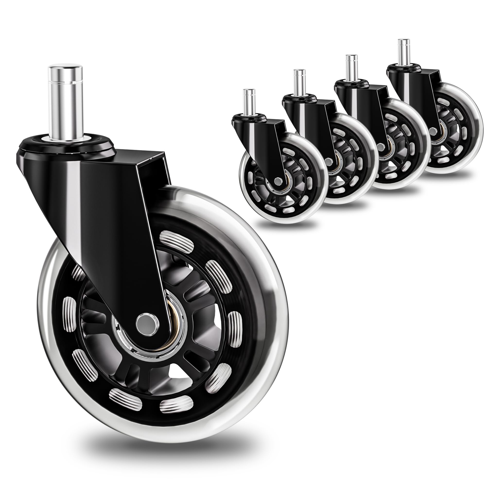 Photo 1 of TESUMI Office Chair Wheels 3 Inch Roller Blade Rubber Caster Replacement, Clear Wheel Universal Fit Stem, Heavy Duty Quiet Smooth Gaming Office Desk Chair Caster Wheels for Various Floor - Set of 5