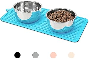 Ptlom Pet Placemat for Dog and Cat, Anti-Slip Waterproof Dogs Feeding Mat Prevent Food and Water Overflow, Bowl Mats Suitable for Medium and Small Pets, Blue, Silicone