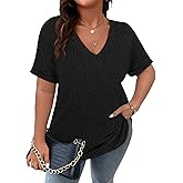 Cucuchy Style Womens Plus Size Tops Casual V Neck Shirts Short Sleeve Solid Color Blouses