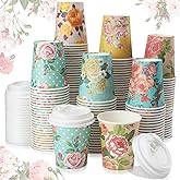 Chuangdi 120 Pack 9 oz Spring Floral Tea Cups Vintage Tea Party Set Disposable Coffee Cups with Lids for Tea Party Bridal Wedding Baby Shower, 6 Styles
