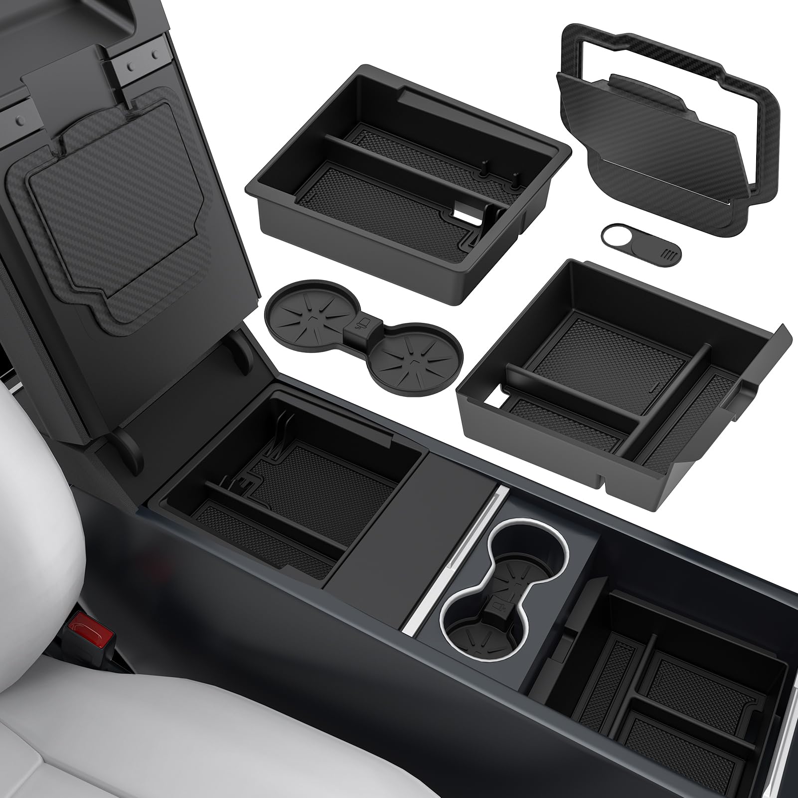 Photo 1 of 2025 Upgrade 5PCS Center Console Organizer Tray for Tesla New Model Y (2026 Juniper)/3 Highland Accessories 2025, Hidden Storage Box, Cup Holder & Armrest Drawer Organizer, Shockproof, No-Noise