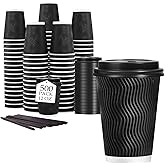 Lamosi 12 oz Disposable Coffee Cups with Lids, 500 Pack Insulated Hot Cups To Go Paper Coffee Cups with Lids and Straws, Corrugated Ripple Wall Cup for Hot Drink, Office, Coffee Bar (Black)