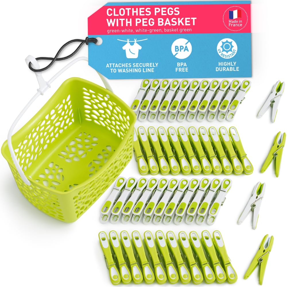 culiclean Clothes Pegs for Washing Line – Clothes Pegs and Bag Set with Peg Basket – Washing Pegs and Basket with Hanger – 48 Pegs and 1 Holder – Eco green-white/green basket