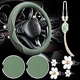 BBTO 4 Car Accessory Set, Steering Wheel Cover, Ceramic Coasters, Daisy Flower Clip Air Freshener, Crystal Hanging Ornament for Women(Sage Green)