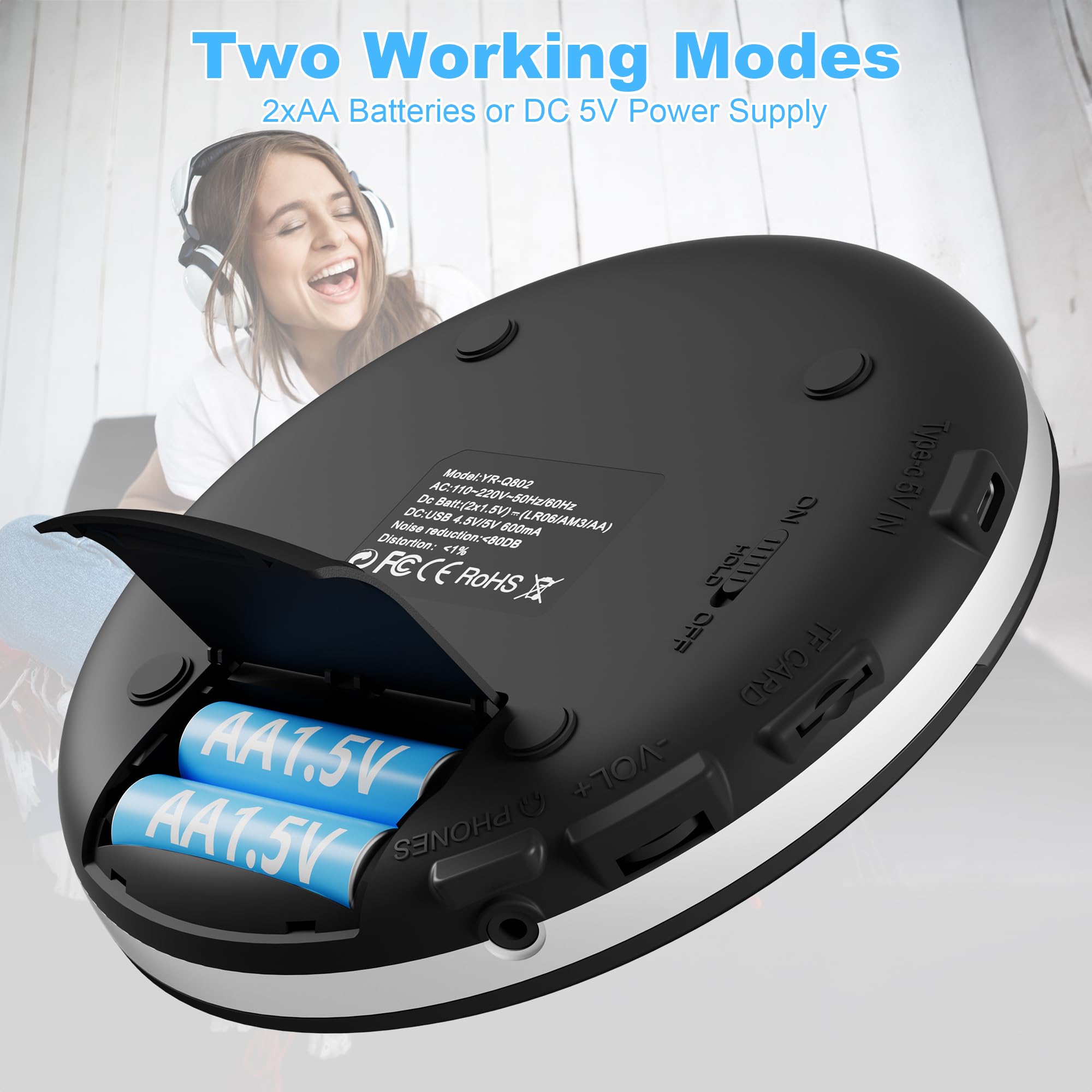 CD Player Portable, Discman with Stereo Earbuds and Bluetooth Output, Anti-Skip Shockproof Walkman, Compact and Lightweight, Power DC or 2xAA Battery