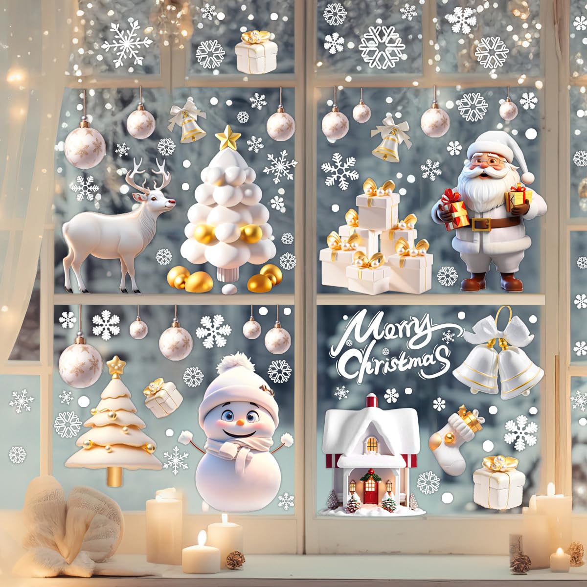 YULOONG Christmas Windows Static Stickers Clings Removable Vinyl Santa Claus Christmas Tree Snowman Snowflake Deer DIY Wall Window Door Mural Showcase Decal Sticker