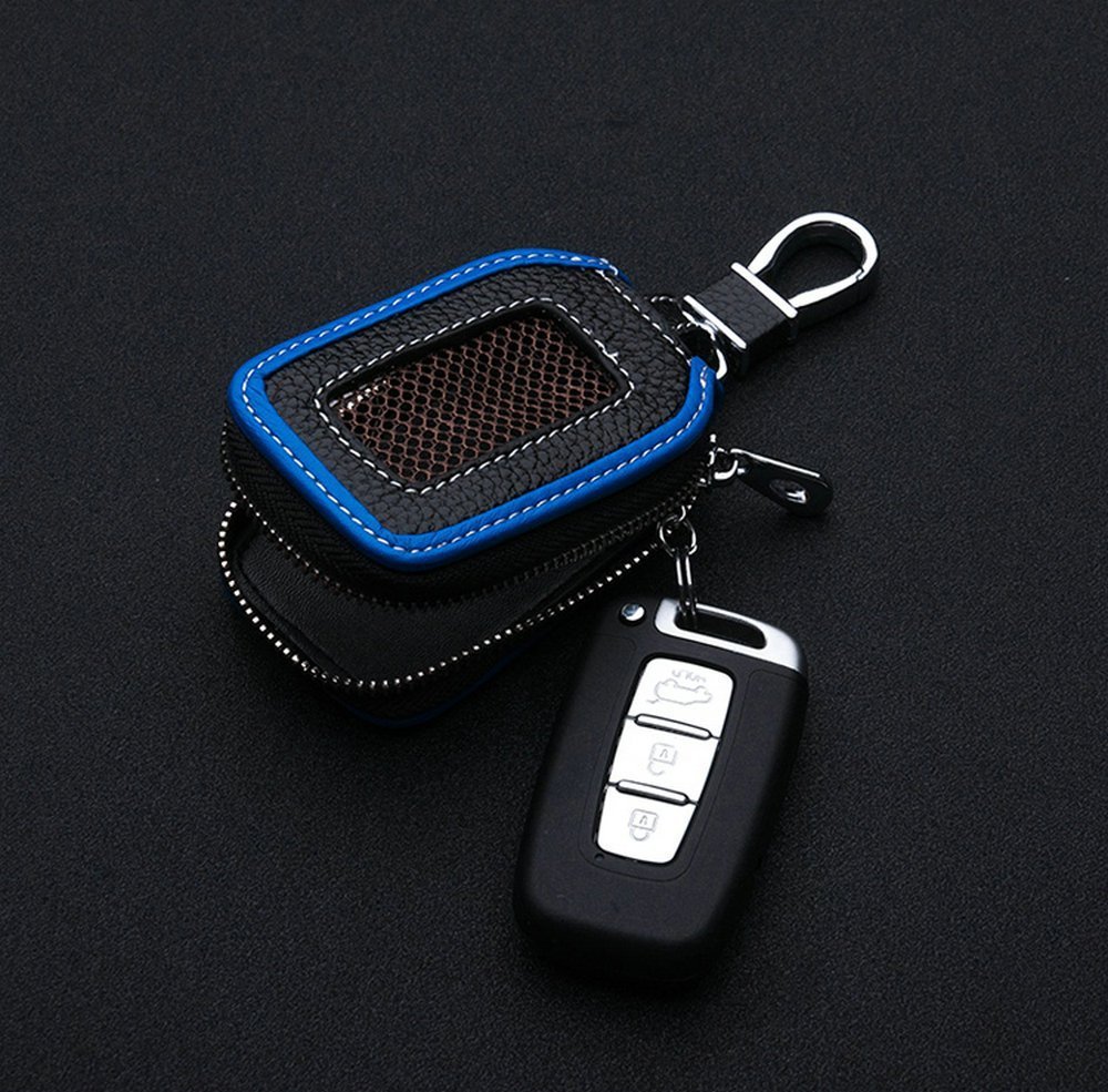 Car Keychain,VSTM Blue Genuine Leather Car Smart Key Chain Coin Holder Metal Hook and Keyring Wallet Zipper Bag for Vehicle Keyless Entry