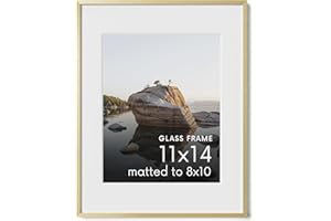 HAUS AND HUES 11x14 Picture Frame with Real Glass & Gold Premium-Grade Metal Matted to 8x10 - Aluminum 11x14 Picture Frame - Includes Hanging Kit - Ideal for Home, Office (11x14 in, Gold)