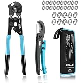 SHALL 2-IN-1 Pex Crimping Clamp Cinch &amp; Remove Tool with Pipe Hose Cutter, Pex Pipe Fitting Crimper Tool Kit for 3/8" to 1" Stainless Steel Clamps Including 20pcs 1/2", 10pcs 3/4" Clamps &amp; Storage Bag