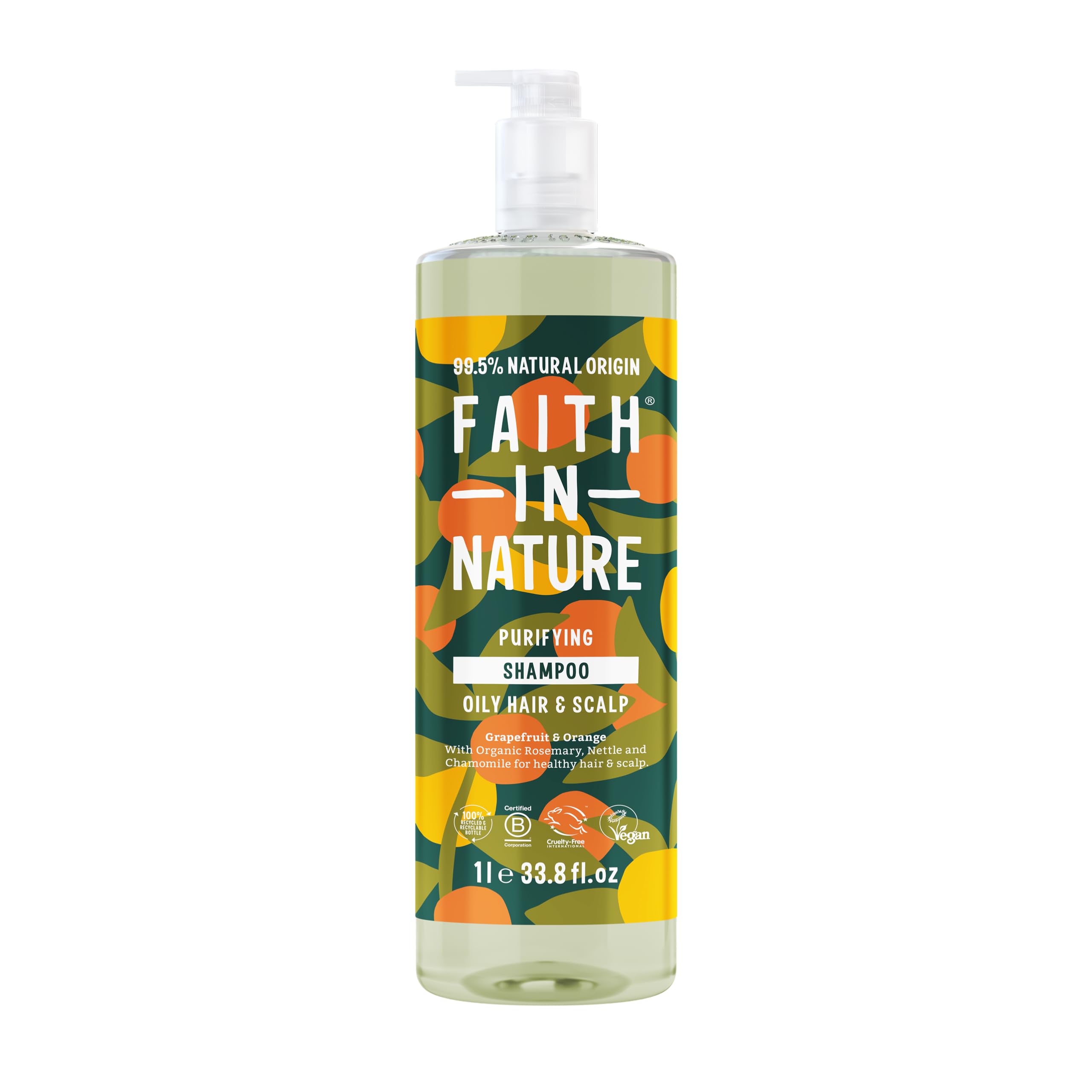 Faith In Nature 1L Natural Grapefruit & Orange Shampoo, Purifying For Oily Hair & Scalp, Vegan & Cruelty Free, No SLS, Silicones or Parabens, Family Sized