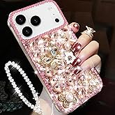 Changjia for iPhone 17 Pro Max Glitter Bling Case, Cute Luxury 3D Sparkle Butterfly Crystal Rhinestones Flowers Diamond Pearl Gems with Lanyard Wrist Strap Women Girls Case for iPhone 17 Pro Max, Pink