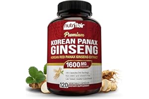 NutriFlair Korean Red Panax Ginseng 1600mg – 120 Vegan Capsules | 5% Ginsenosides | Non-GMO, Gluten-Free | Natural Energy & Focus Support | Made in USA