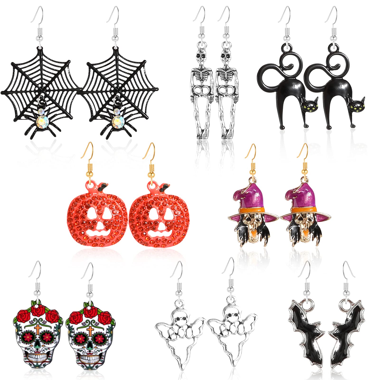 HOWAF 8 Pairs Halloween Earrings Pumpkin Spider Web Bat Ghost Cat Skeleton Sugar Skull Earrings Studs for Women Girls Halloween Party Dress Costumes Jewelry Gift Accessories