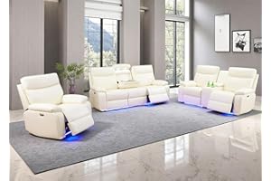 Toseslo 3 Piece Living Room Sets Furniture, Power Recliner Sofa Set with LED Light, Sanded Leather Reclining Sofa Sectional Couches with Cup Holders/Storage Console for House(Vanilla White)
