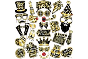 30PCS 2026 Happy New Years Photo Booth Props, Black Gold New Years Eve Photo Props for 2026 New Year Eve Party Favor Supplies