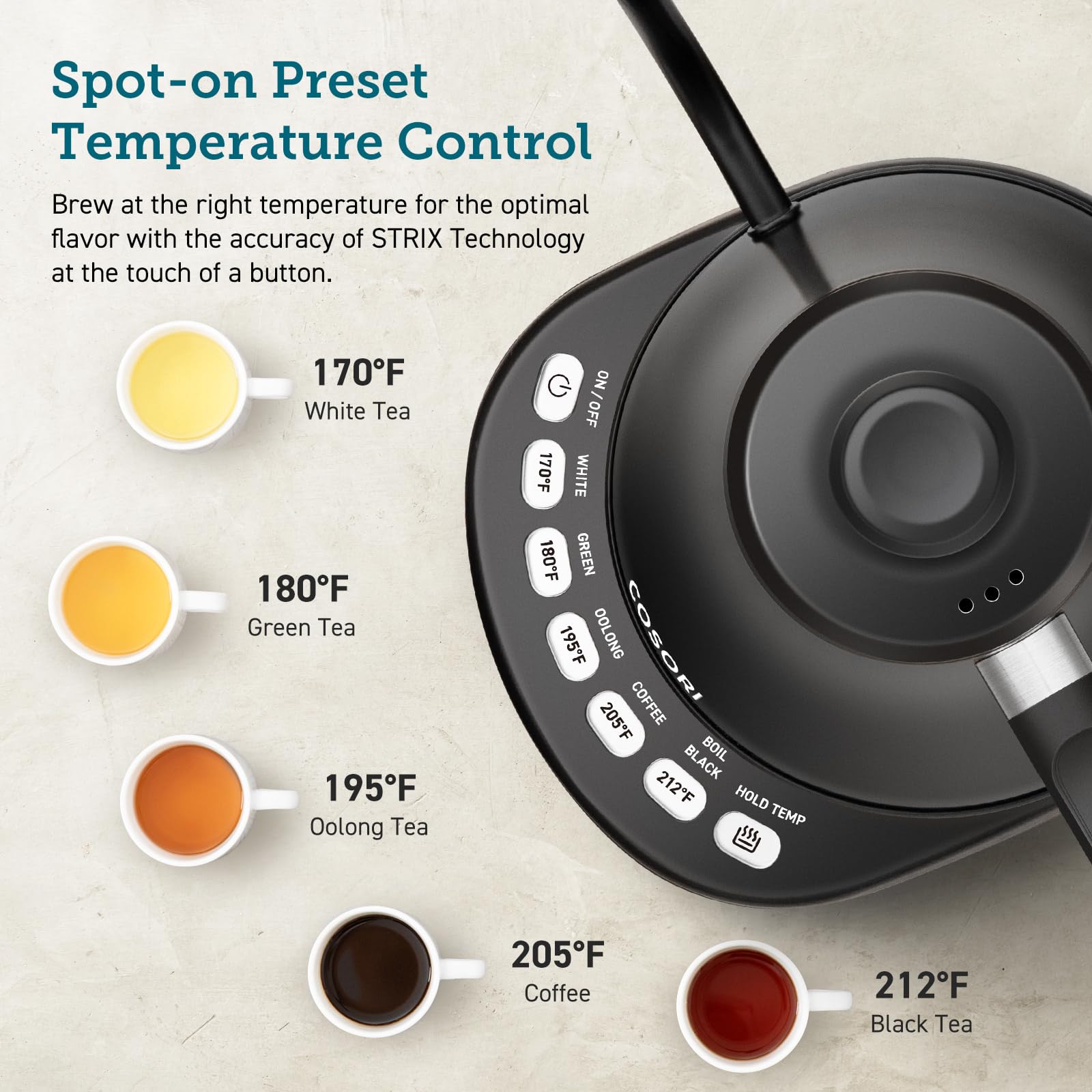 COSORI Electric Gooseneck Kettle with 5 Temperature Control Presets, Pour Over Kettle for Coffee & Tea, Hot Water Boiler, 100% Stainless Steel Inner Lid & Bottom, 1200W/0.8L - Image 2