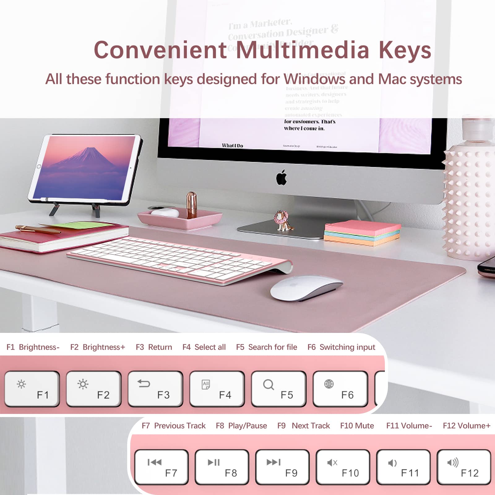 JOYACCESS Bluetooth Wireless Keyboard With Number Pad, Pink, Dual Mode Slim, Connects Up to 3 Devices for iMac/Mac, MacBook, iPad, Laptop, Android, Windows