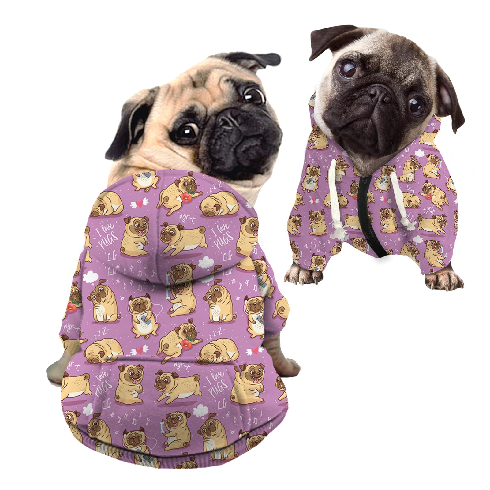 Kuiaobaty Kawaii Pug Dogs Print Dog Hoodies for Small Dog Clothes Apparel, Cartoon Pug Pattern Pet Sweater Winter Sweatshirt Outfits