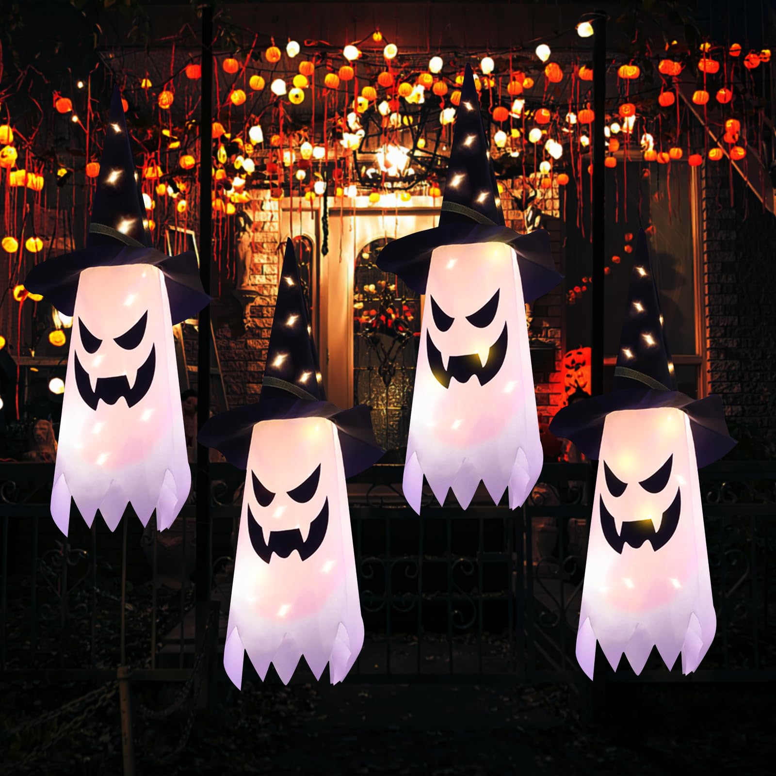 Photo 1 of Halloween Decorations Glowing Ghost Witch Hat Halloween String Lights - Indoor/Outdoor Hanging Decor for Home, Garden & Tree (4Pcs)