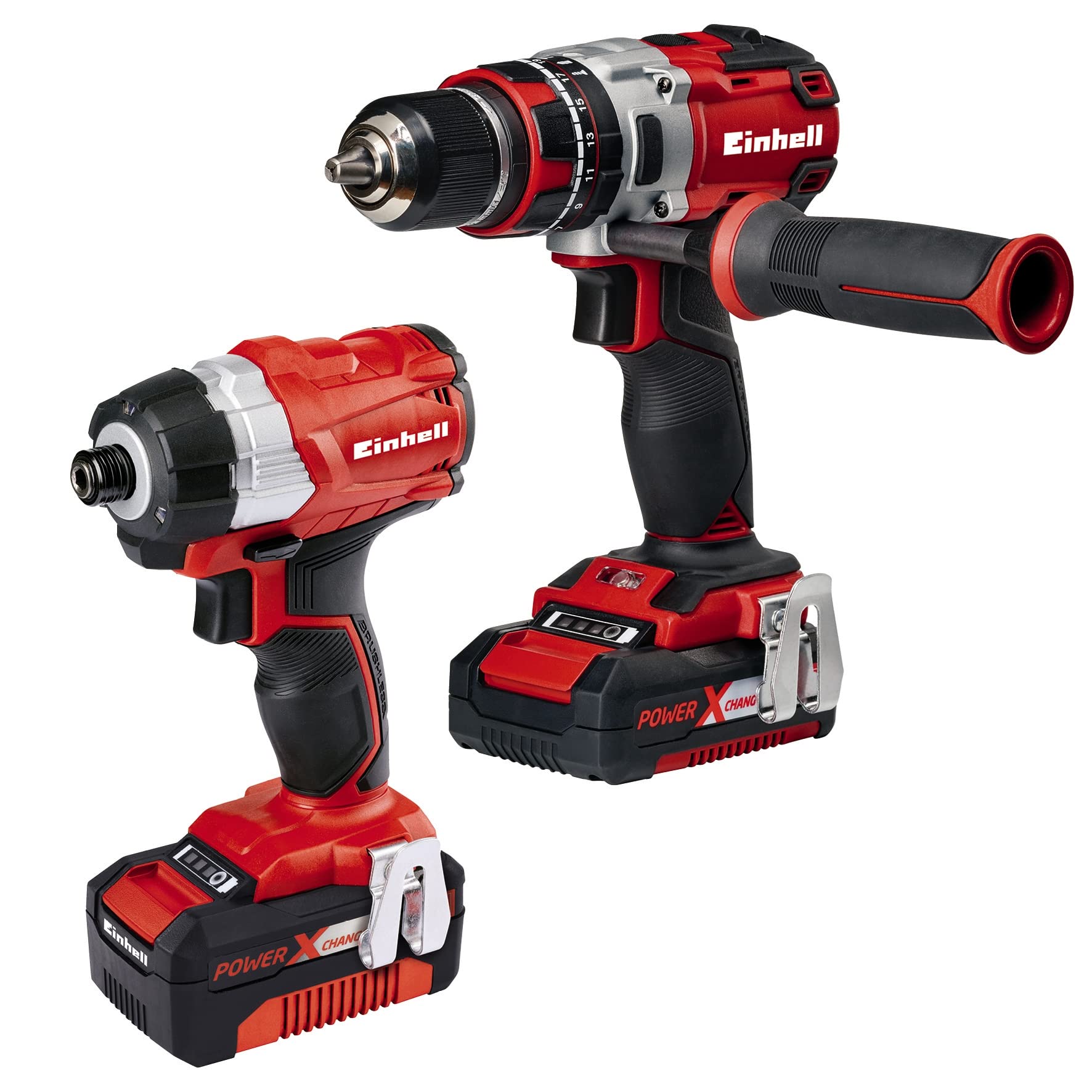 Einhell 4257216 Combi Drill and Impact Driver Power X-Change 4.0 Ah Brushless Kit, Including Storage Bag, Battery and Charger - TE-CD 18 Li-i Plus TE-CI 18 Li, Red