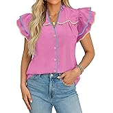 Tankaneo Womens Ruffle Short Sleeve Blouse V Neck Button Down Shirts Color Block Trendy Casual Tops