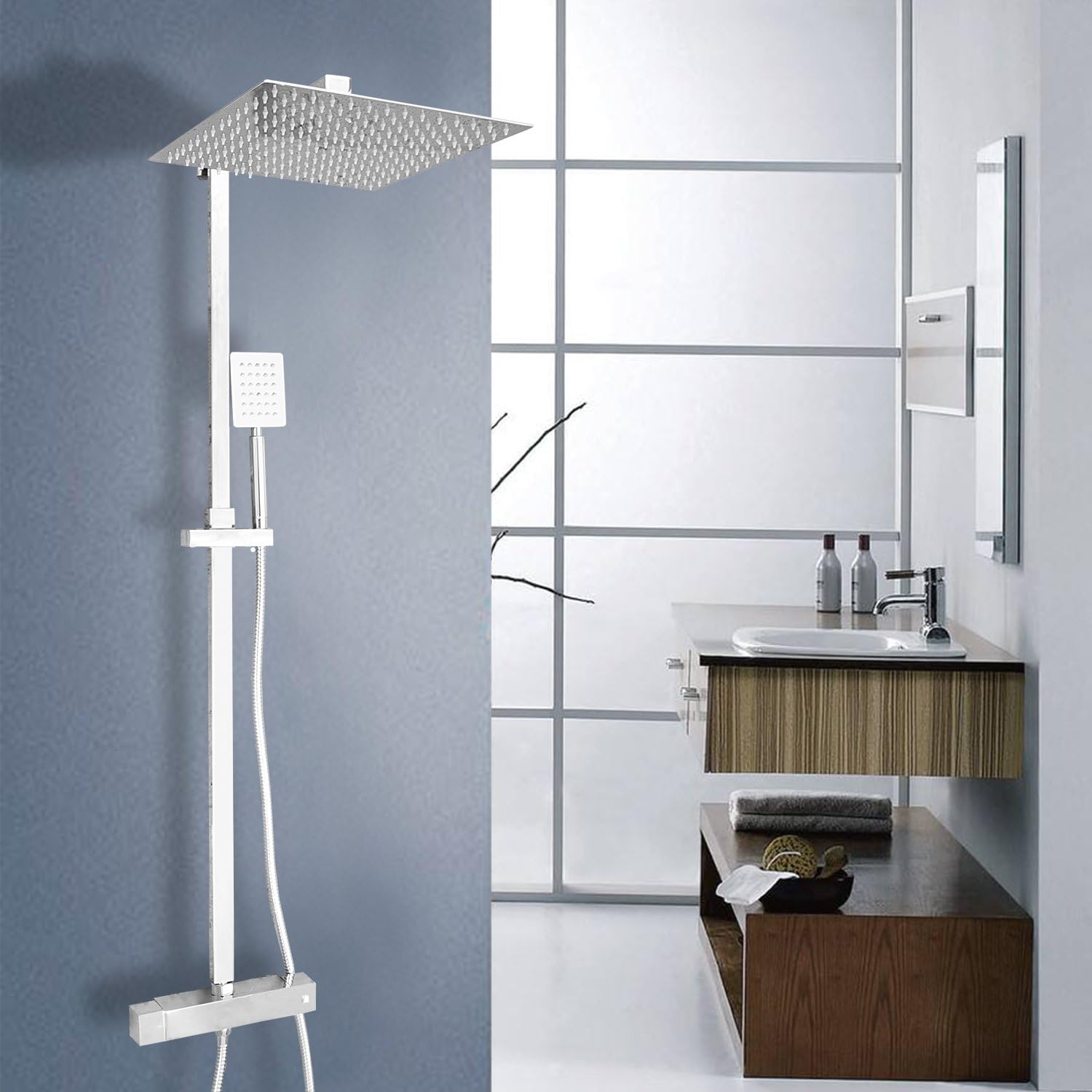 Vesuvio Livingstone Thermostatic Twin Head Mixer Shower Set with Square 12" Shower Head and Hand Held Shower