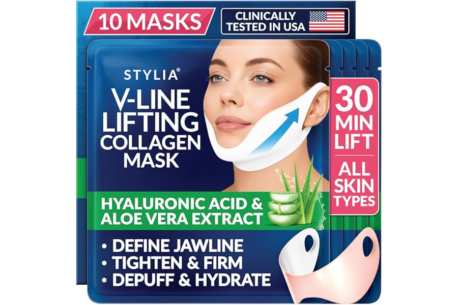 STYLIA V Line Lifting Collagen Mask – Lift, Firm & Contour Jawline – Tightening Double Chin Strap with Hyaluronic Acid & Aloe – Neck Lift & Face Tightening Mask – Jawline Shaper Face Lift Tape (10PC)