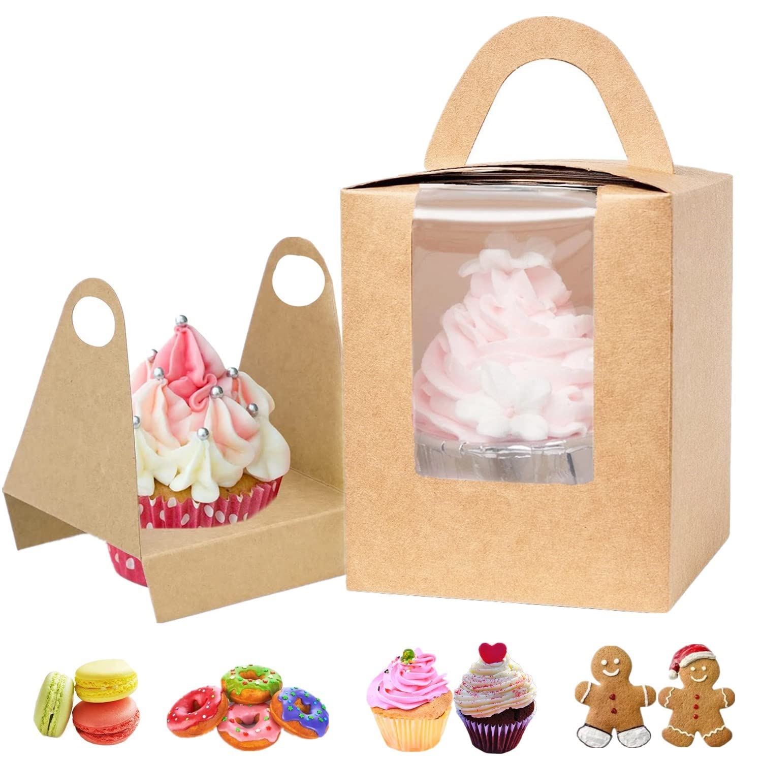 GUIFIER 30 Pieces Individual Cupcake Boxes with Window, Kraft Single Cupcake Boxes with Handle, Cupcake Carrier Bakey Treat Boxes Muffins Boxes for Baby Showers, Weddings, Birthday Parties (Brown)