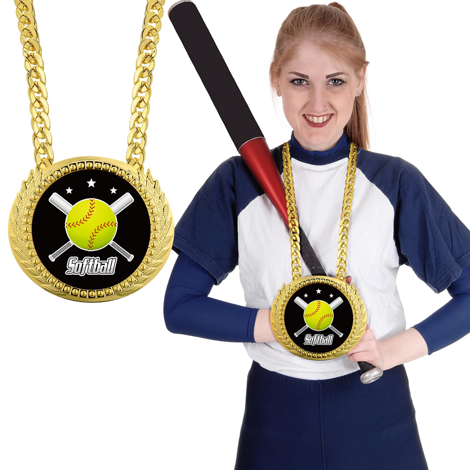 Photo 1 of Tondiamo Sports MVP Turnover Chain Medal 6" Big Gold Champ Award Necklace Chain Baseball Basketball Football Soccer Softball Volleyball Sports Competitions Prize Gifts and Party Favors(Softball)