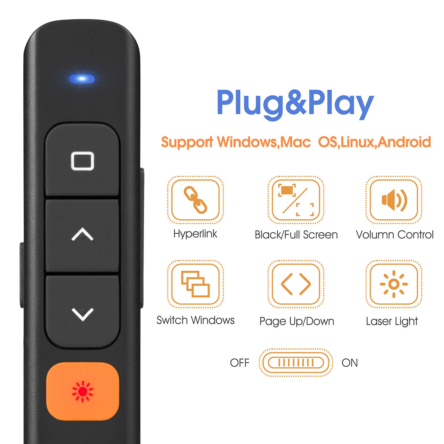 OPROLLA Wireless Presenter Hyperlink Multi-Media Volumn Control RF 2.4GHZ Powerpoint Clicker Slide Advancer Presentation Remote Clicker for Mac,Laptop (Powerpoint Clicker-Black 1200mah Li)