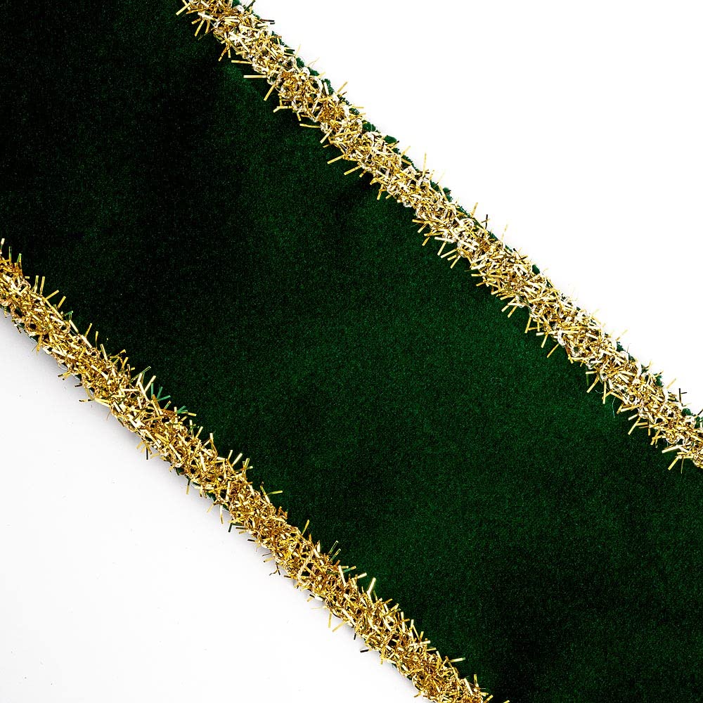 Italian Options Wired-Edge Green Velvet Ribbon, Luxury, Wide Christmas Ribbon, Wired Ribbons for Crafts, Gift Wrapping, Wreaths, Tree Decorations, Bottle Green, Gold Tinsel, 63 mm x 10 Metre Roll — image 1