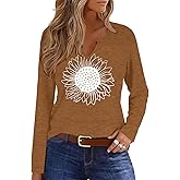 Womens V-Neck Long Sleeve T-Shirt Flower Graphic Tees Fall Fashion Boho Tops Tshirts Loose Casual Western Country T Shirts