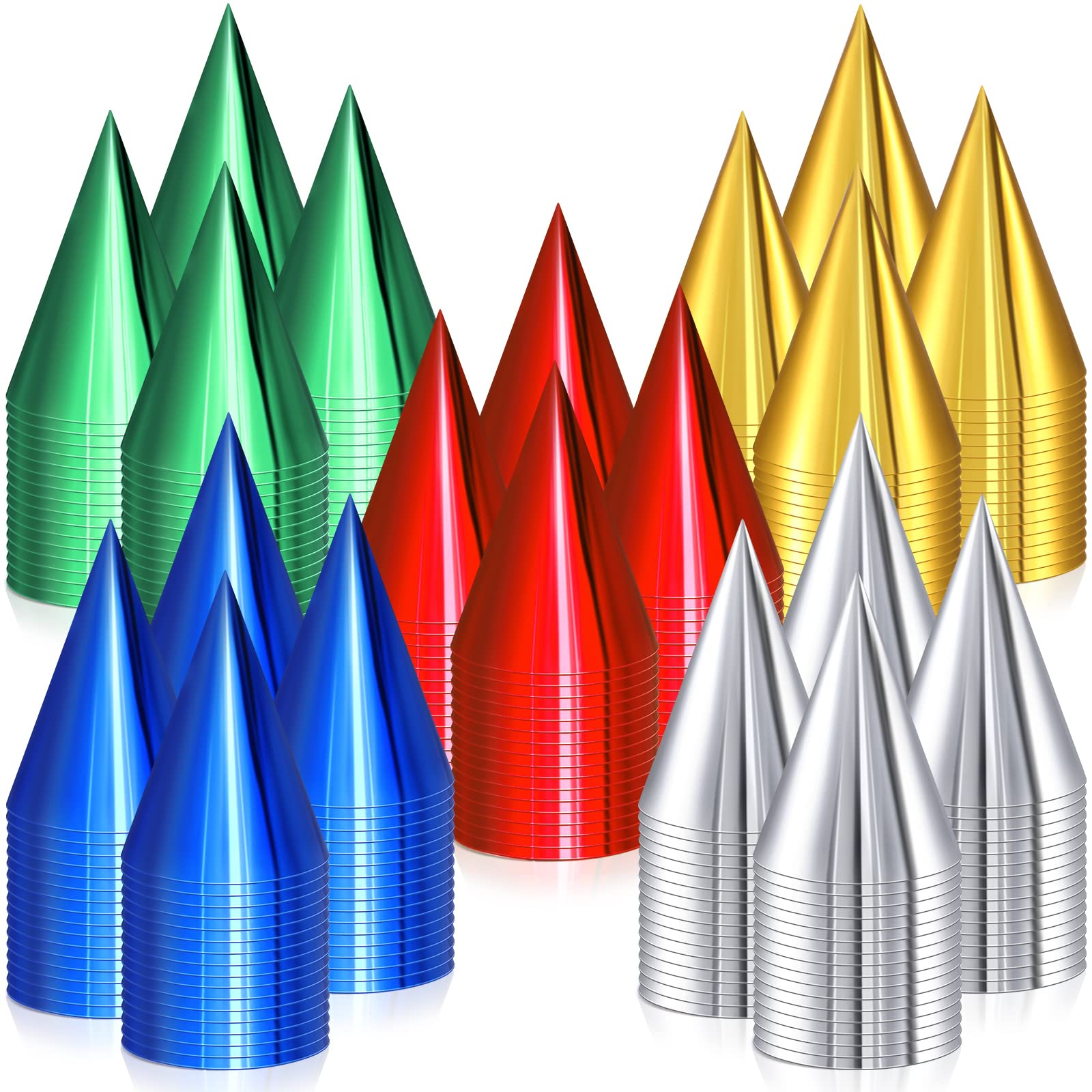 Photo 1 of 200 Pcs Birthday Party Hats Metallic Cone Bulk Multicolor Paper Hat with Elastic String for Youth Adults Pets, Gold, Silver, Red, Blue and Green