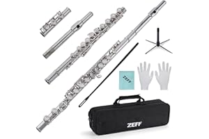 ZEFF Closed Hole C Flute, 16 Keys Instrument for Beginners, Kids, Student, Nickel-plated Flute with Case,Stand, Cleaning Kit, Gloves and Tuning Rod