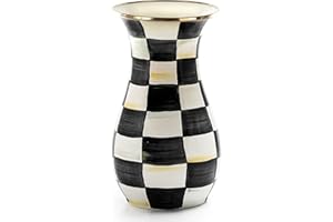 MACKENZIE-CHILDS Tall Enamel Vase, Unique Flower Vase, Decorative Table Decor for Living Room, Black-and-White Courtly Check