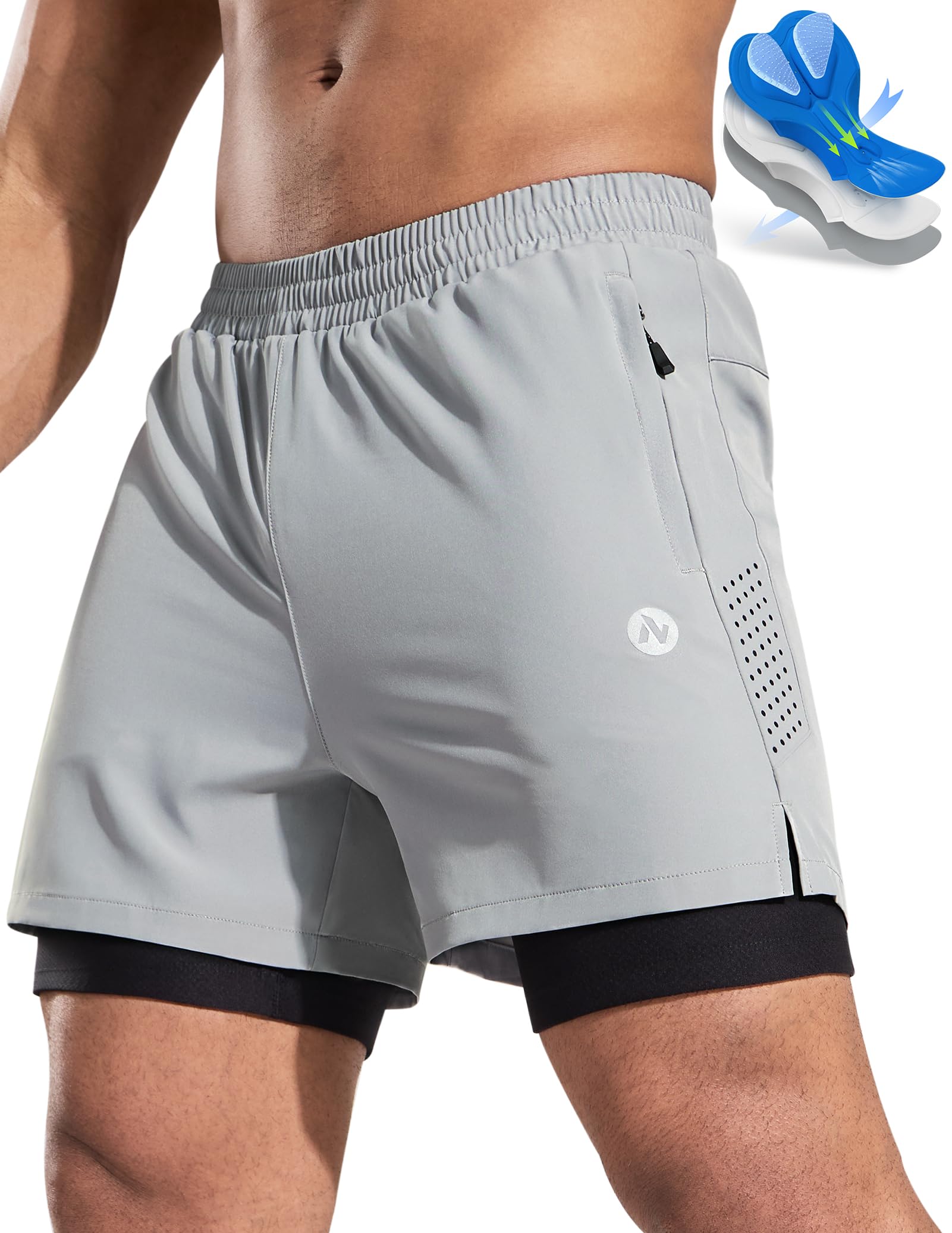 Nepest Mountainbike Hose Herren Kurz MTB Shorts Polster Radfahrerhose Herren Mit Tasche Fahrradhose Helles Grau,M