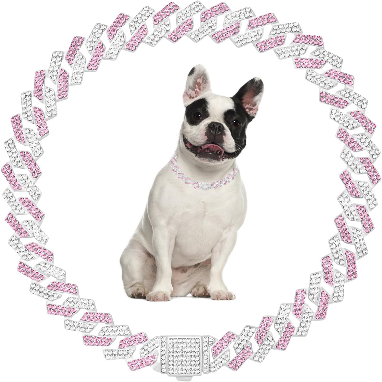Photo 1 of Pink Dog Chain Collars,Bling Dog Chain Necklace Sparkly Cuban Link Dogs Collar Rhinestone Cat Chain Glitter Girls Female Kitten Puppy Collars for Small Medium Large Pet,16 Inch