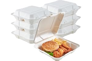 ECOLipak 50 Pack Clamshell Take Out Food Containers, 100% Compostable Disposable To Go Containers, 8X8 inch Heavy-Duty To Go Boxes for Food