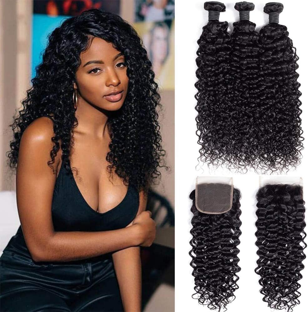 9A Brazilian Virgin Curly Wave Human Hair 3 Bundles with Lace Closure Free Part 100% Unprocessed Brazilian Jerry Curly Hair Weave Bundles with 4x4 Lace Closure Natural Black Color (10"12"14" with 8")
