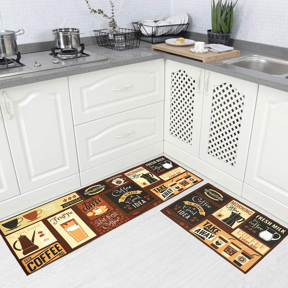 Carvapet 2 Piece Kitchen Rug Set Non-Slip Backing Mat Throw Rug for Kitchen Doormat Runner Rug Set,Cafe Design (17"x48"+17"x24")