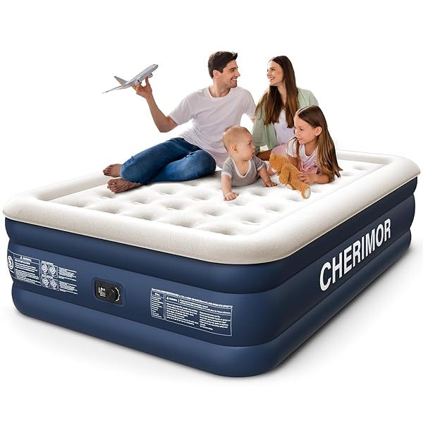 CHERIMOR QUEEN AIR MATTRESS WITH BUILT IN PUMP, 18″ ELEVATED HEIGHT, 48HR LEAK-TESTED, HONEYCOMB COIL SUPPORT, 800 LBS CAPACITY, FAST 3-MIN INFLATION–BLOW UP MATTRESS FOR GUEST ROOM & SLEEPOVER