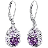 LOOVE Tree of Life Dangle Drop Earrings 925 Sterling Silver Teardrop Gemstone Birthstone Earring Tree of Life Jewelry Birthday Gifts for Women/Mother/Mom