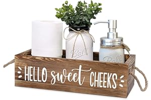 Guokoko Hello Sweet Checks Wooden 2 Sides Bathroom Decor Box Toilet Tank Paper Basket with Rope Handle, Back of Toilet Storage Organizer for Bathroom Tank Topper Counter, Brown Bathroom Decor Box