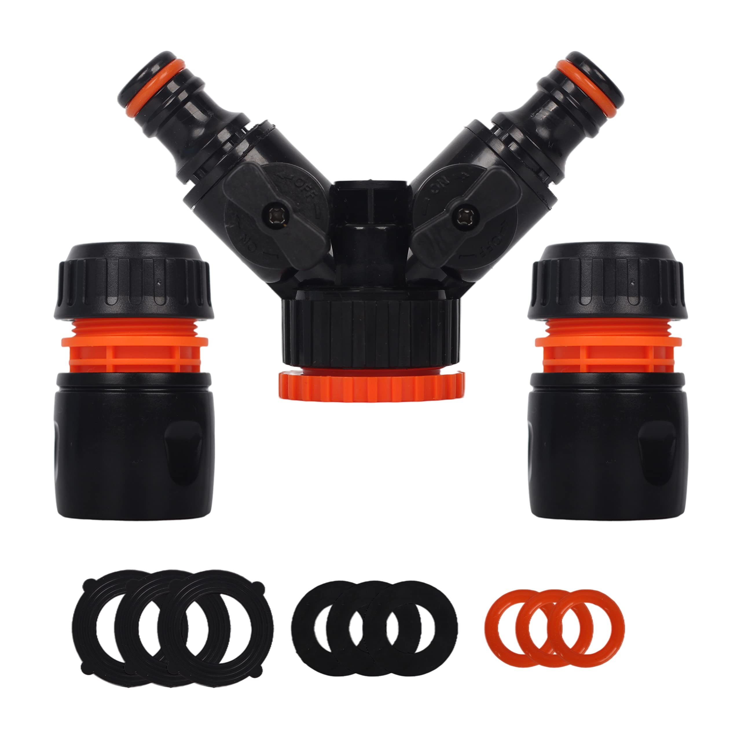 Dual Tap 2 Way Tap Connector with 2 Quick Hose Ends, Garden Hose Splitter, Outdoor Y Valve, On/Off Valves